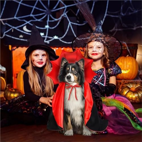 Halloween Cat and Dog Vampire Costume, Halloween Pet Cape Devil Costume Adjustable Red Black Cape(Black red,M 8-11kg)