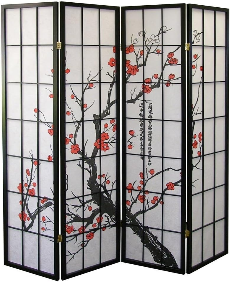 Japanese Style 4-Panel Screen Room Divider, Folding Shoji Screen Room Partition with Plum Blossom Design Portable Divider Freestanding Privacy Partition Screen for Rooms Office Indoor