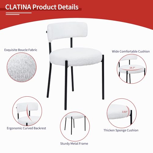 CLATINA White Boucle Dining Room Chairs, Dining Chairs Set of 1, Mid-Century Modern Kitchen Chair Curved Backrest Round Upholstered Sherpa Dining Chair with Metal Legs