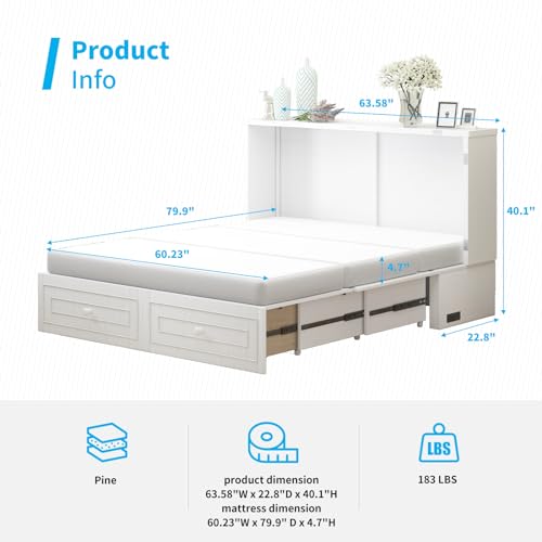 Mjkone Murphy Bed Cabinet, Queen Size Cabinets Bed Chest with USB Charging Station & Tri-Folding Mattress, Wall Beds with Storage Drawers for Guest Bedroom Apartment Office, Easily Convertible, White