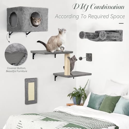 NUNU LAB 5-in-1 Wall-Mounted Cat Climber Set, Cats Wall Shelve, Wall-Mounted Cat Climbing Shelves, with House, Bridge, Steps, Scratcher, Hammock, Shelves (A-KM060)