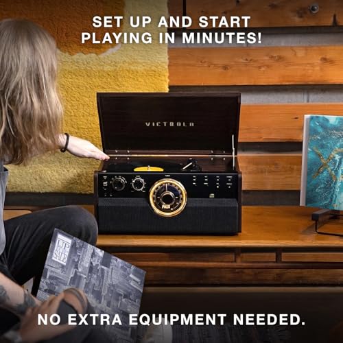 Victrola The Empire Mid-Century 6-in-1 Turntable & Multimedia Center with Built-in Speakers – 3 Speed, Bluetooth Connectivity, Radio, Cassette & CD Player, RCA Out, Headphone Jack (Farmhouse Walnut)