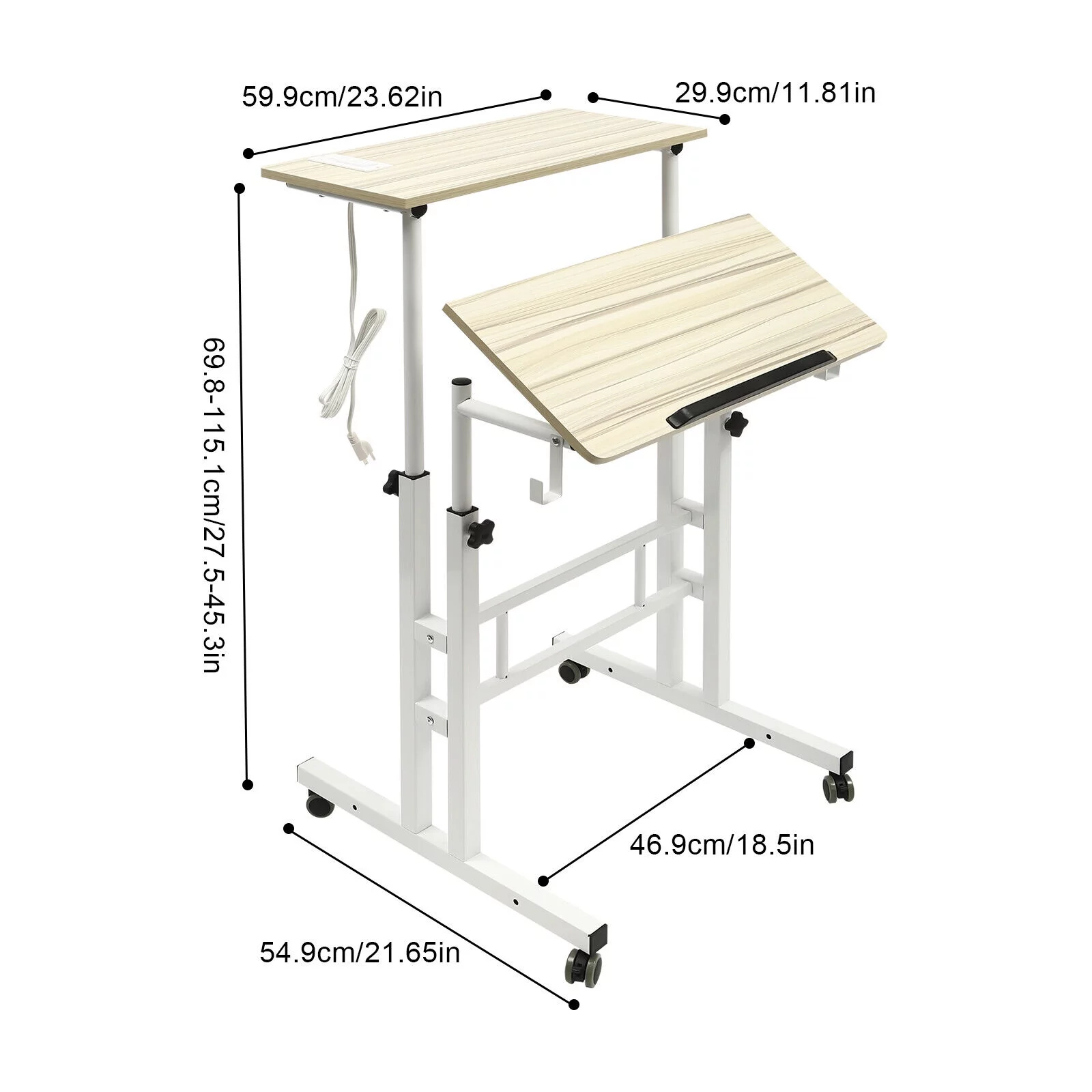 115cm Stand Up Height Adjustable Laptop Desk Rolling Computer Workstation Table,MDF Carbon Steel Standing Laptop Stand,2 T-Shaped Base Brackets with 4*Wheels