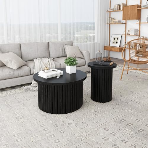 2-Piece Cloud Shape Living Room Coffee Table Set, Wooden Modern Nesting Table Coffee Table Set of 2 End Table for Living Room,Stacking Side Tables,No Need Assembly,Black