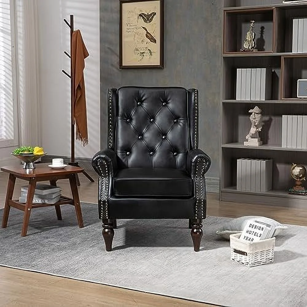 TJUNBOLIFE Wing Back Accent Chair  PU Leather Button Tufted Armchair with  Trim and Rubber Wood Legs  Upholstered Single Sofa Chair Reading Chair for Living Room Bedroom Office  Camel PU