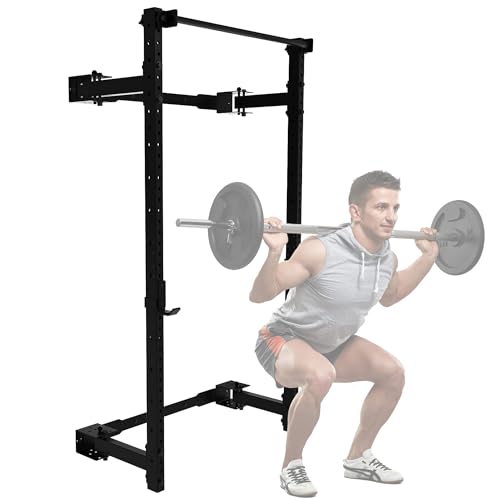 PRx Performance Wall Mounted Folding Power Squat Rack - Heavy Duty Adjustable Pull Up Bar, Space Saving Home Gym Equipment with Durable J-Cups, Ideal for Weight Lifting and Strength Training - Black
