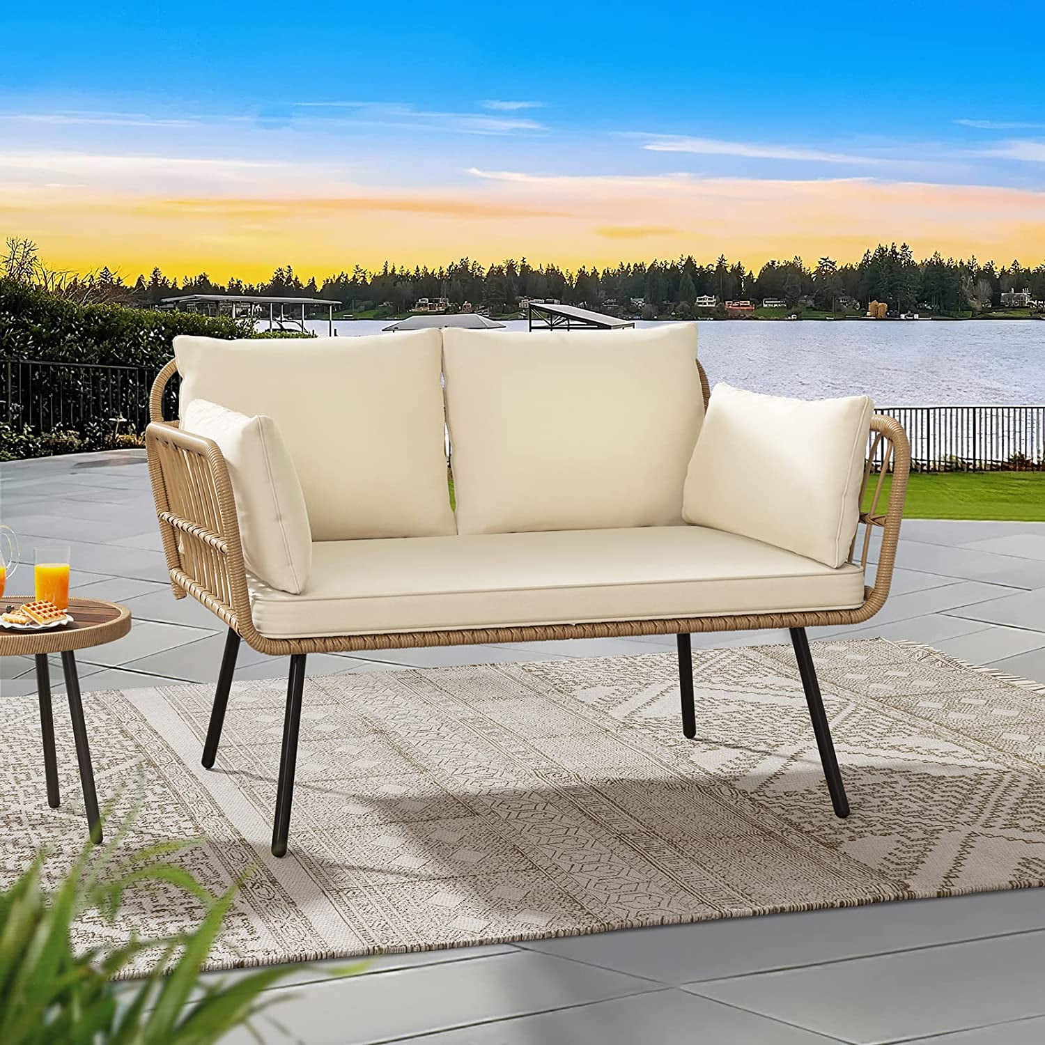 Dextrus Wicker Loveseat Sofa With Beige Cushions & Lumbar Pillows, All-Weather Wicker Loveseats Patio Sectional Furniture for Patio, Balcony, Backyard, Deck, Poolside