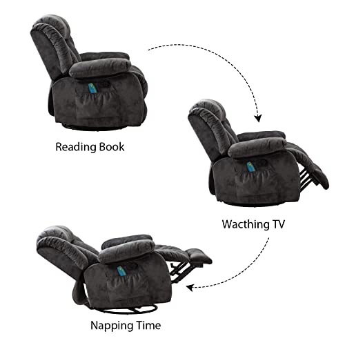 INZOY Massage Swivel Rocker Recliner with Heat and Vibration, Manual Rocking Recliner Chair with Vibrating Massage, Comfy Padded Overstuffed Soft Fabric Heated Recliner, Brown