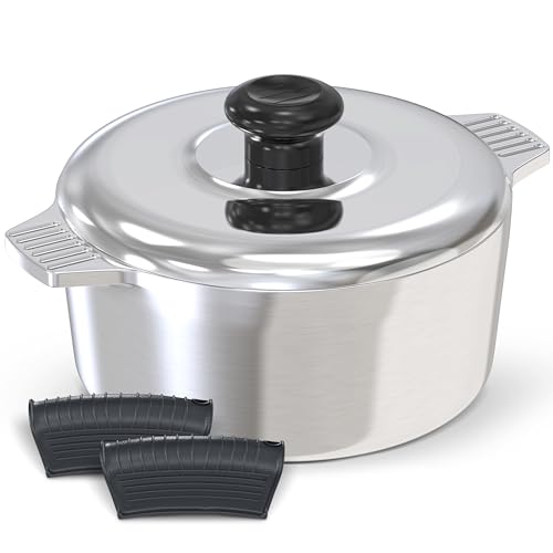 Cast Aluminum Dutch Oven with Lid - 5 Quart Lightweight Cookware Pot with Silicone Covers for Easy Handling - Even Heat Distribution & Retention - For Bread Baking, Stew, Simmering & More