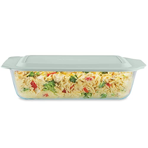 Pyrex Deep Glass Baking Dish with Plastic Lid, Deep Casserole Dish, Glass Food Container, Oven, Freezer and Microwave Safe, Clear Container, 8x8