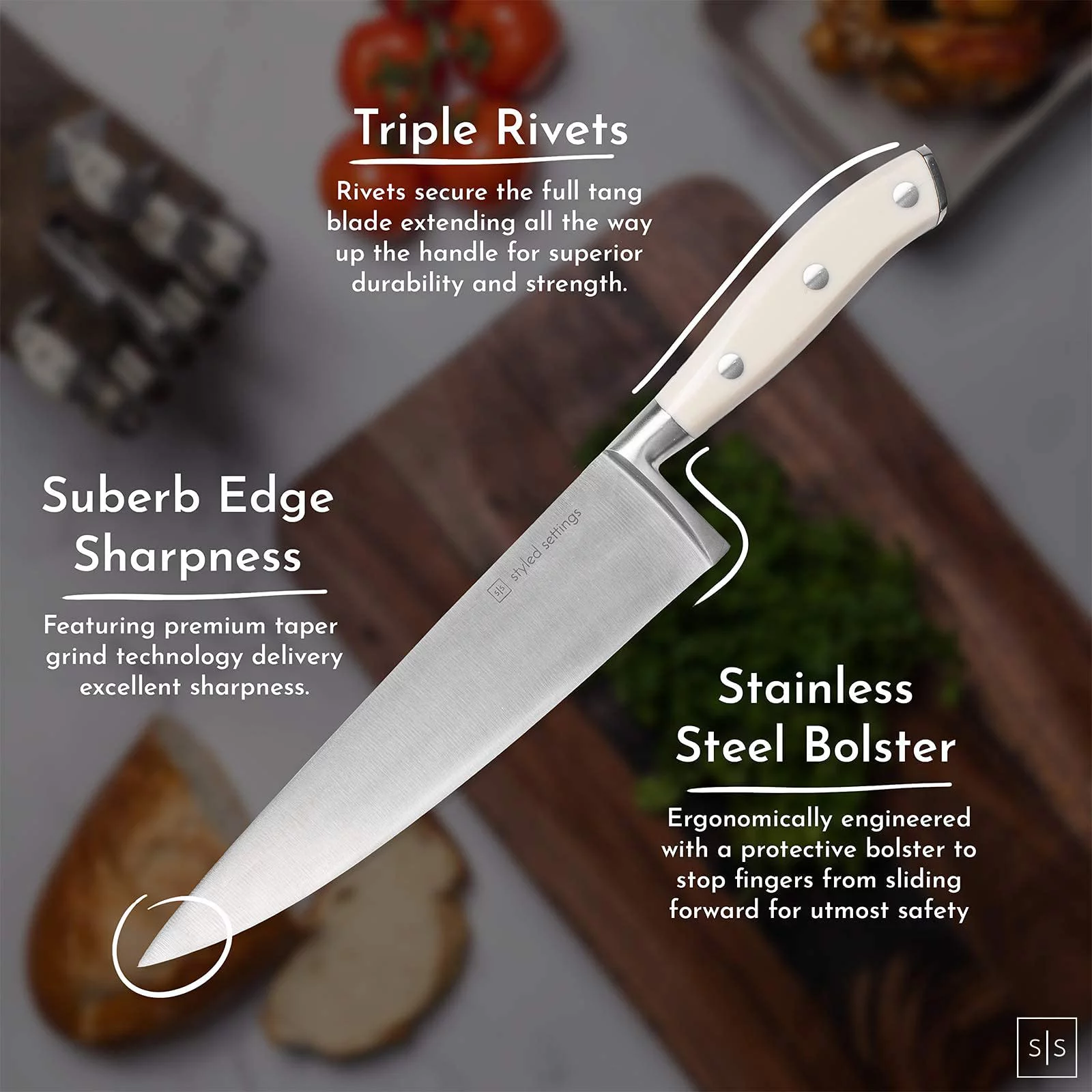 Styled Settings White Stainless Steel Knife Set with Walnut Block with Sharpener