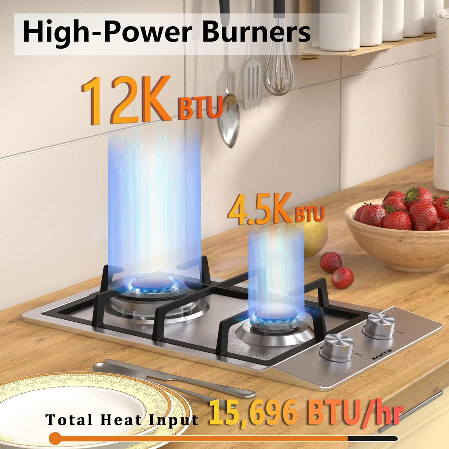 KOXKING 2 Burner Gas Cooktop, 12 Inch NG/LPG Dual Fuel  Gas Stove Top, Stainless Steel Propane Cooktop with Thermocouple Protection, Bulit-in Gas Hob