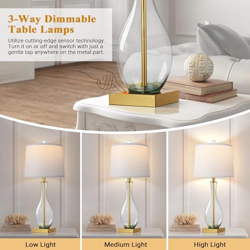Table Lamps Set of 2 with Touch Control, 3-Way Dimmable Modern Glass table lamp for Living Room with USB C and A Charging Ports， 27
