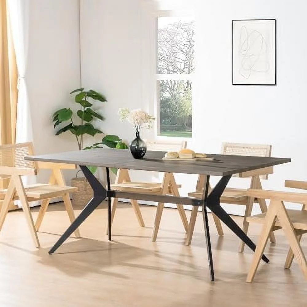 TJUNBOLIFE Mid Century Modern Dining Table for 6-8 Person  71-Inch Rectangular Farmhouse Kitchen Table with Wood Finish Tabletop & X-Metal Base for Family Gathering Cafe Restaurant(Br