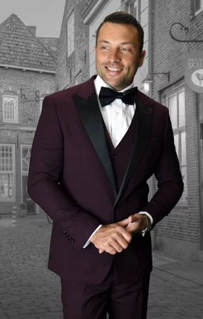 Statement Mens Fashion Tuxedo Burgundy Black Window Pane Modern Fit Alberto