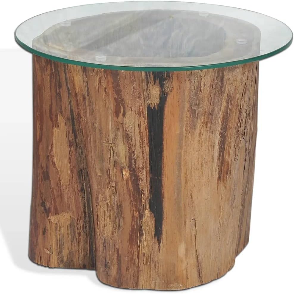 Teak Tree Stump Coffee Table, Natural Wood Side Table with Tempered Glass Top & Teak Base, Solid Wood Round Sofa Table, Tea Stand, Living Room