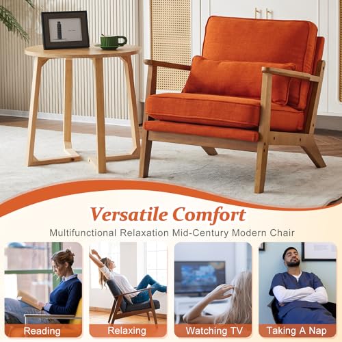 VINGLI Solid Wood Wide Armrests Accent Chair,Upholstered Mid Century Modern Chair with Pillow,Comfy Reading Chair Farmhouse Arm Chair,Chairs Living Room,Bedroom,Guest Room,Linen Fabric,Beige