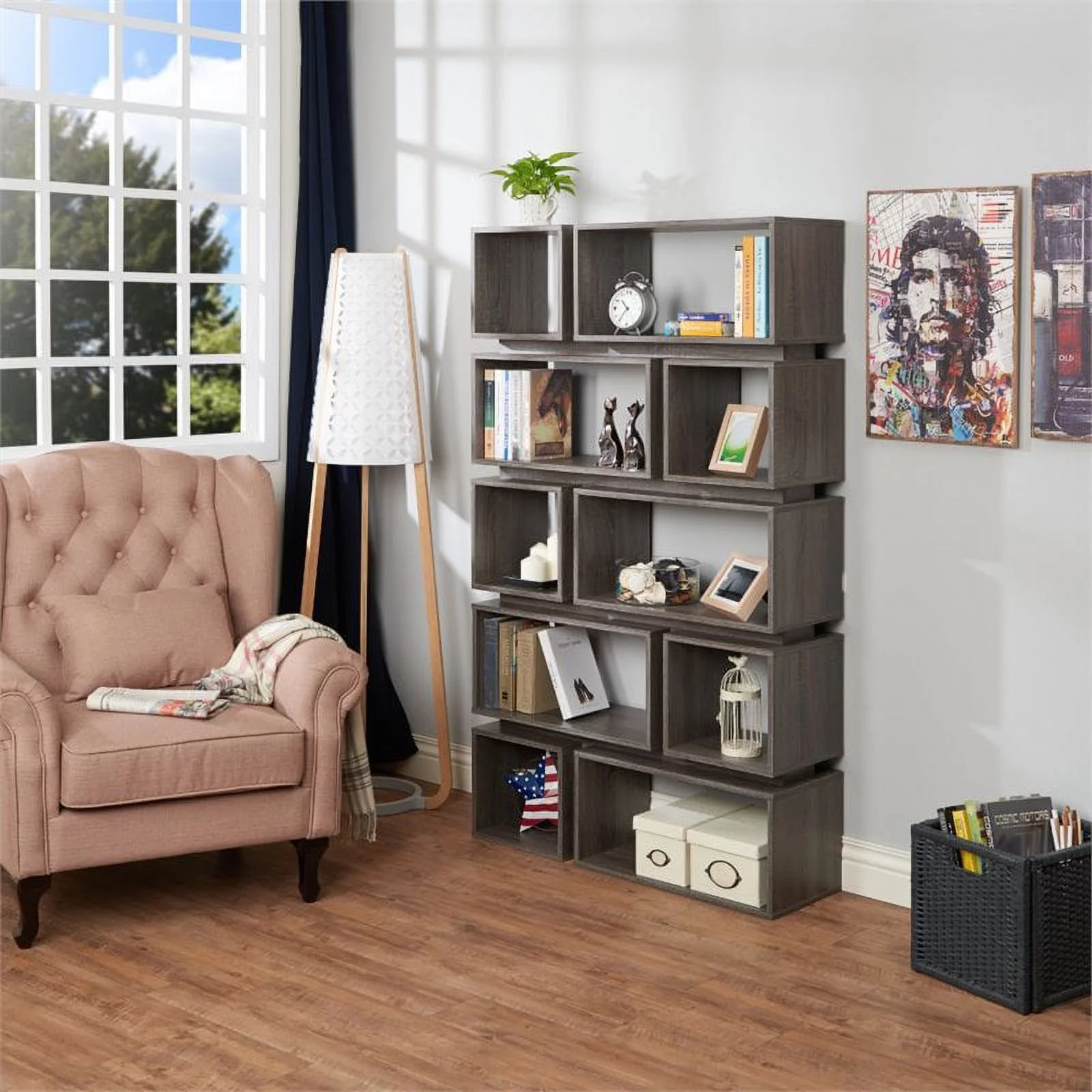 Furniture of America Ariana Wood Geometric Bookcase in Distressed Gray