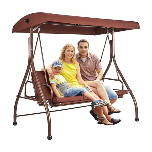 VEVOR 3-Seat Patio Swing Chair, Converting Canopy Swing, Outdoor Patio Porch with Adjustable Canopy, Removable Thick Cushion and Alloy Steel Frame, for Balcony, Backyard, Poolside, Brown