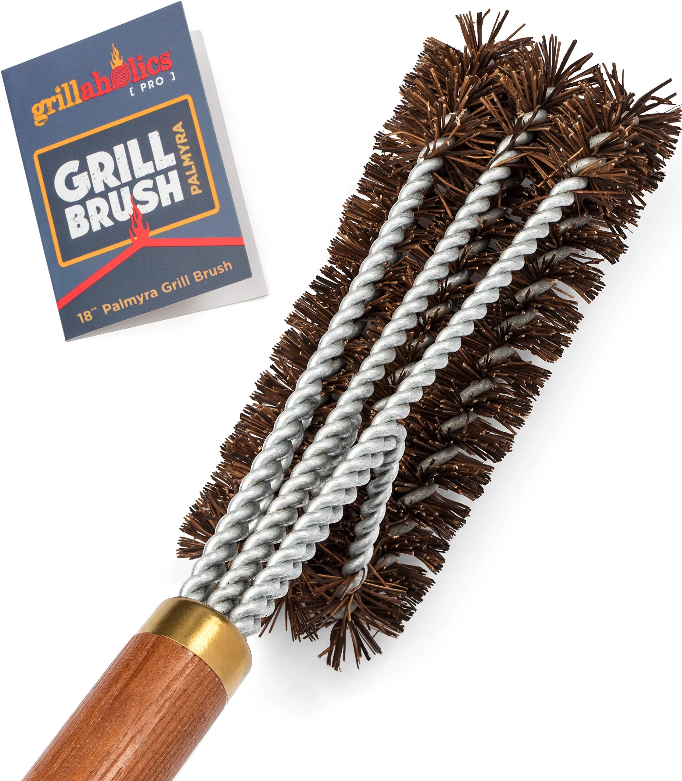 Grillaholics Pro Palmyra Grill Brush With Wooden Handle & Brass Accents