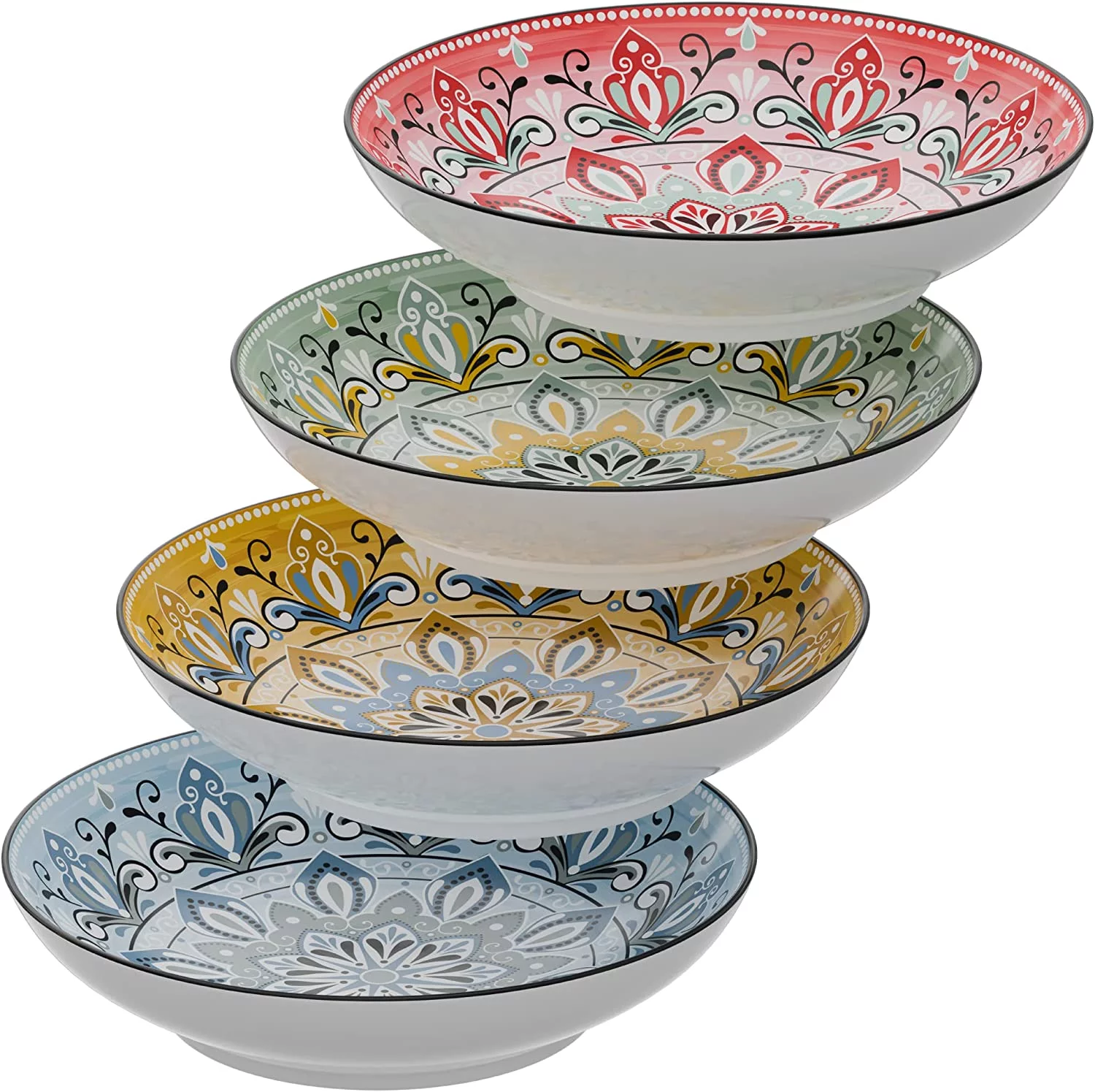 American Atelier Large Pasta Bowls Set of 4, 9-inch, Serving Dinner Plates, Wide and Shallow Bowls Set for Pasta, Salad, Soup, Spaghetti, or Stews, Assorted Colors Medallion Motif