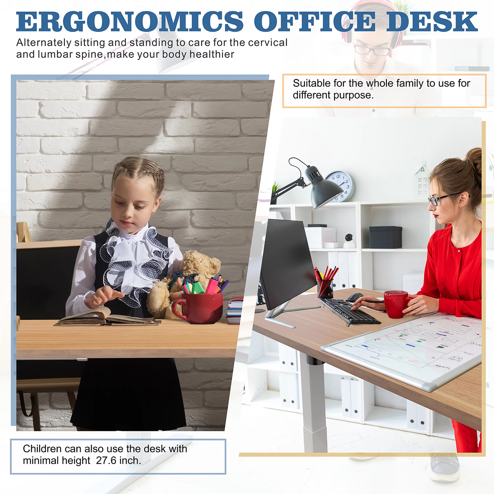 Walsunny Electric Height Adjustable Standing Home Office Desk 63 x 24 Inches Splice Board White Frame/Yellow Top