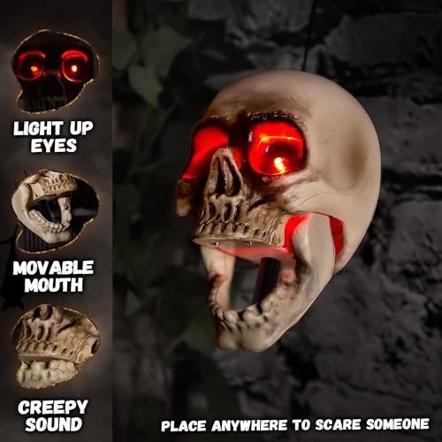 Halloween Animatronics Skull Stakes Pathway Markers, Hanging Animated Decorations, Floating Scary Skeleton with Sound Activated, Talking, Light Up Eyes, Haunted Horror Prop for Indoor, Outdoor (3Pack)