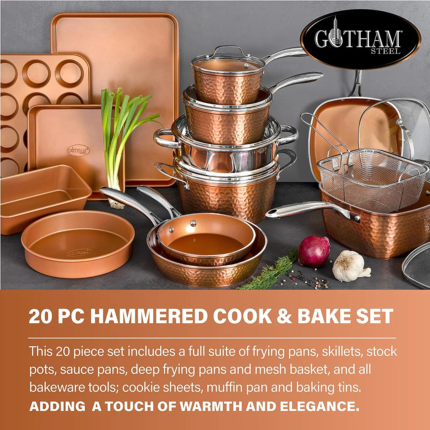 Gotham Steel Hammered Copper Collection – 20 Piece Premium Cookware & Bakeware Set with Nonstick Copper Coating, Includes Skillets, Stock Pots, Deep Square Fry Basket, Cookie Sheet and Baking Pans
