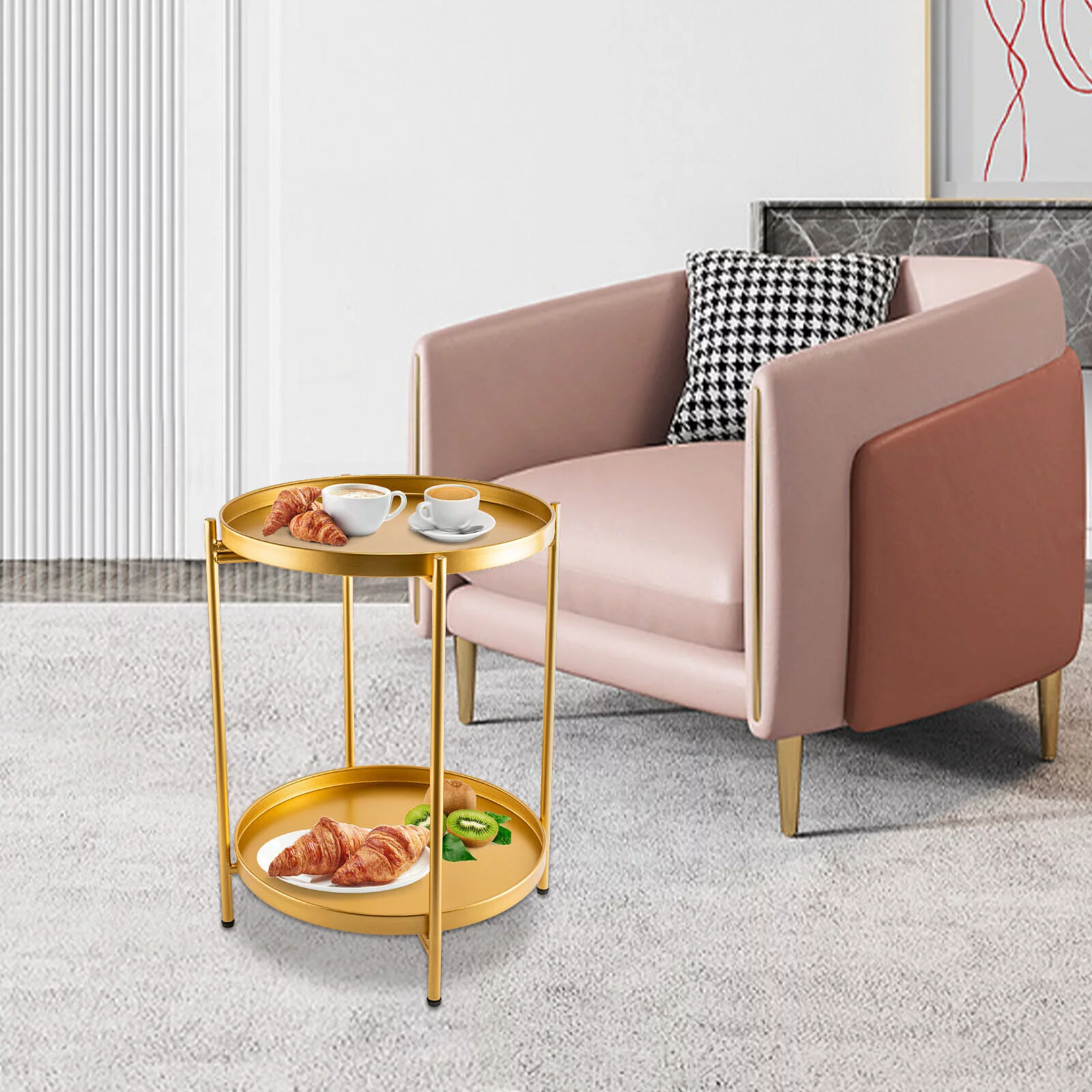 2-Tier Metal Round End Table Outdoor Side Table with Removable Tray Small Folding Accent Table, Anti-Rust Gold Nightstand