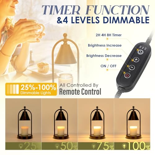 Soilsiu Candle Warmer Lamp with Timer, Electric Brass Candle Warmer Light for Bedroom, Dimmable Wax Melts Warmer for Candle Jars, Beside Lamp Gifts for Women Home Decor (2 Bulbs Included)