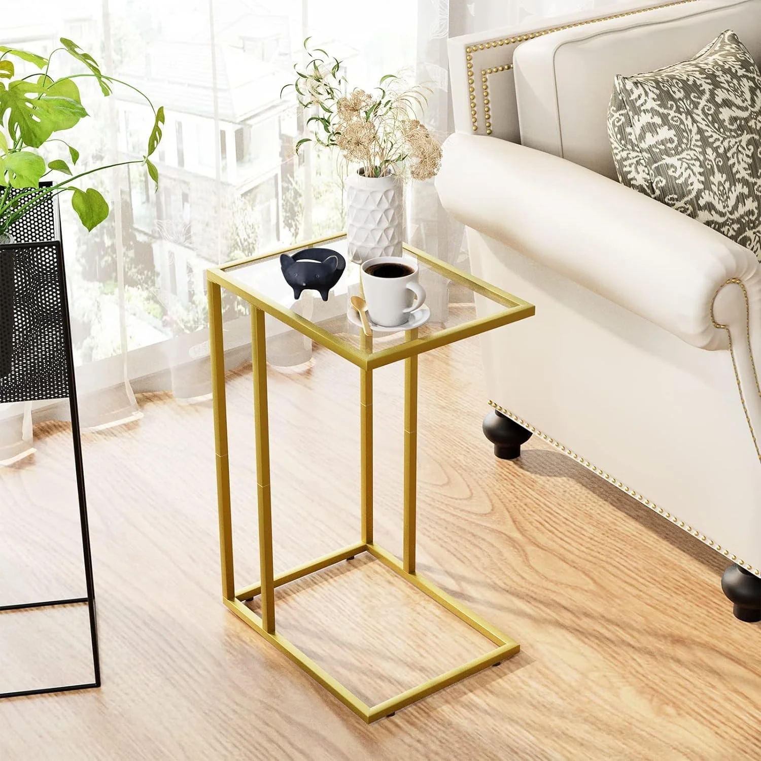 C Shaped Glass End Table, Small Gold Sofa Side Table, Narrow Snack Side Table with Metal Frame &Tempered Glass, TV Tray Table for Small Space, Easy Assembly,Gold