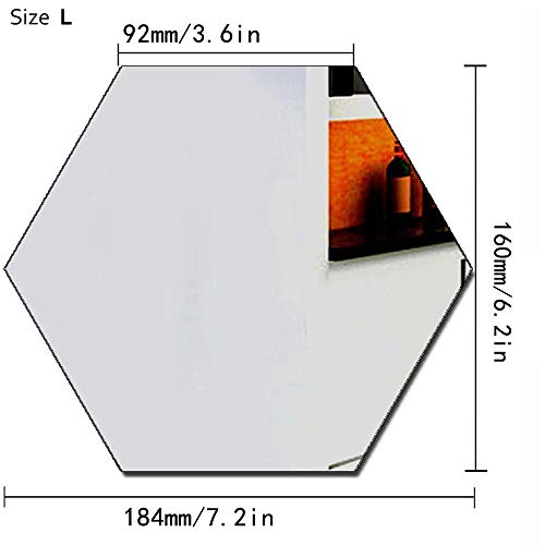 Mirror Wall Stickers, Sliver Acrylic Hexagon Mirror Wall Decals 3D Mirror Setting Art DIY Decoration Self Adhesive Mirror Tiles for Home Living Room Bedroom Decor, 12 Pcs Size M