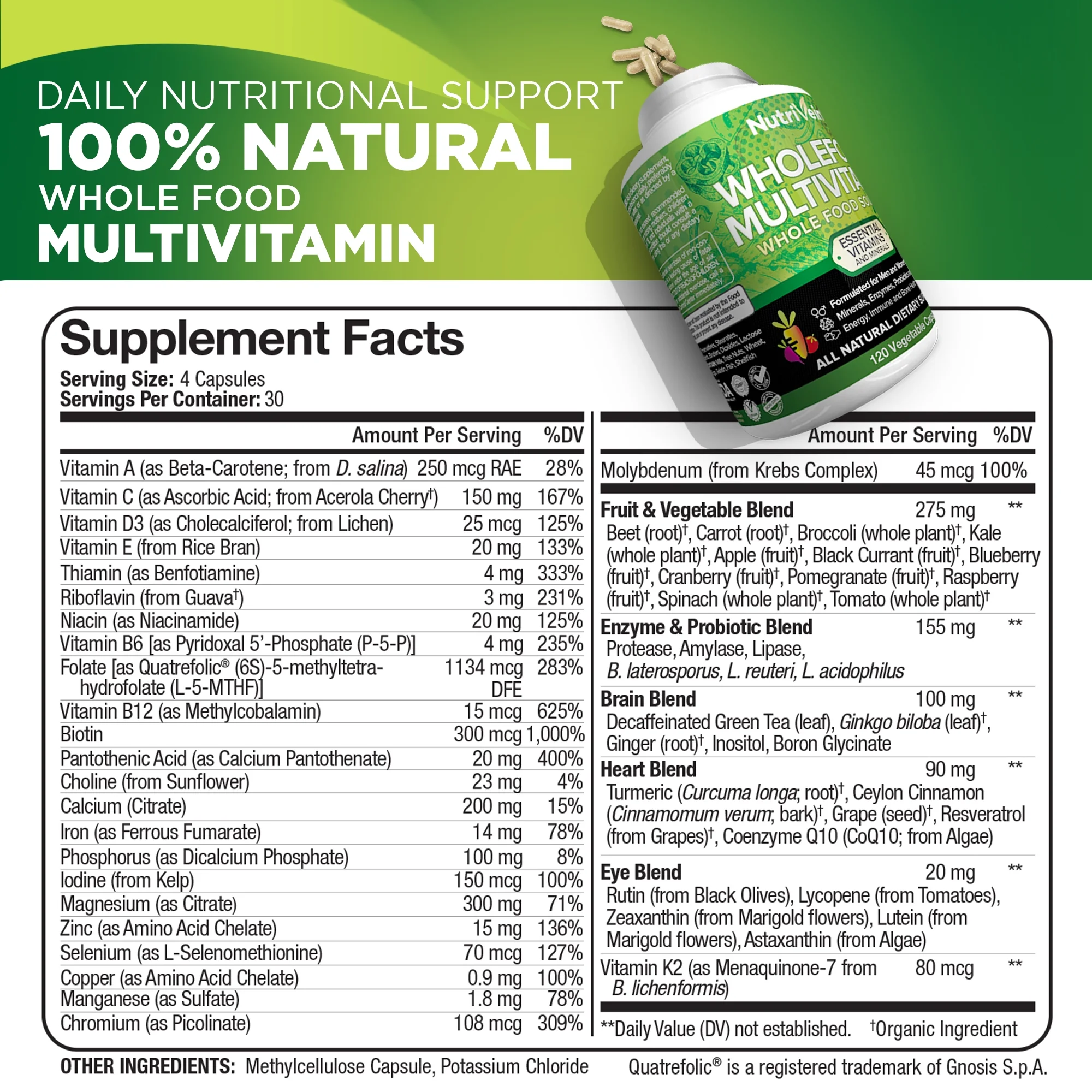 Nutrivein Whole Food Multivitamin - Complete Daily Vitamins For Men and Women - 120 Capsules