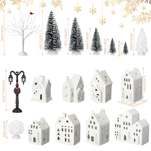Cindeer 26 Pcs Ceramic Christmas Village Set 8 LED Christmas Village Houses 16 Xmas Trees Farmhouse 2 Lamp Post Scenes Decor White Tabletop Decoration(Elegant)