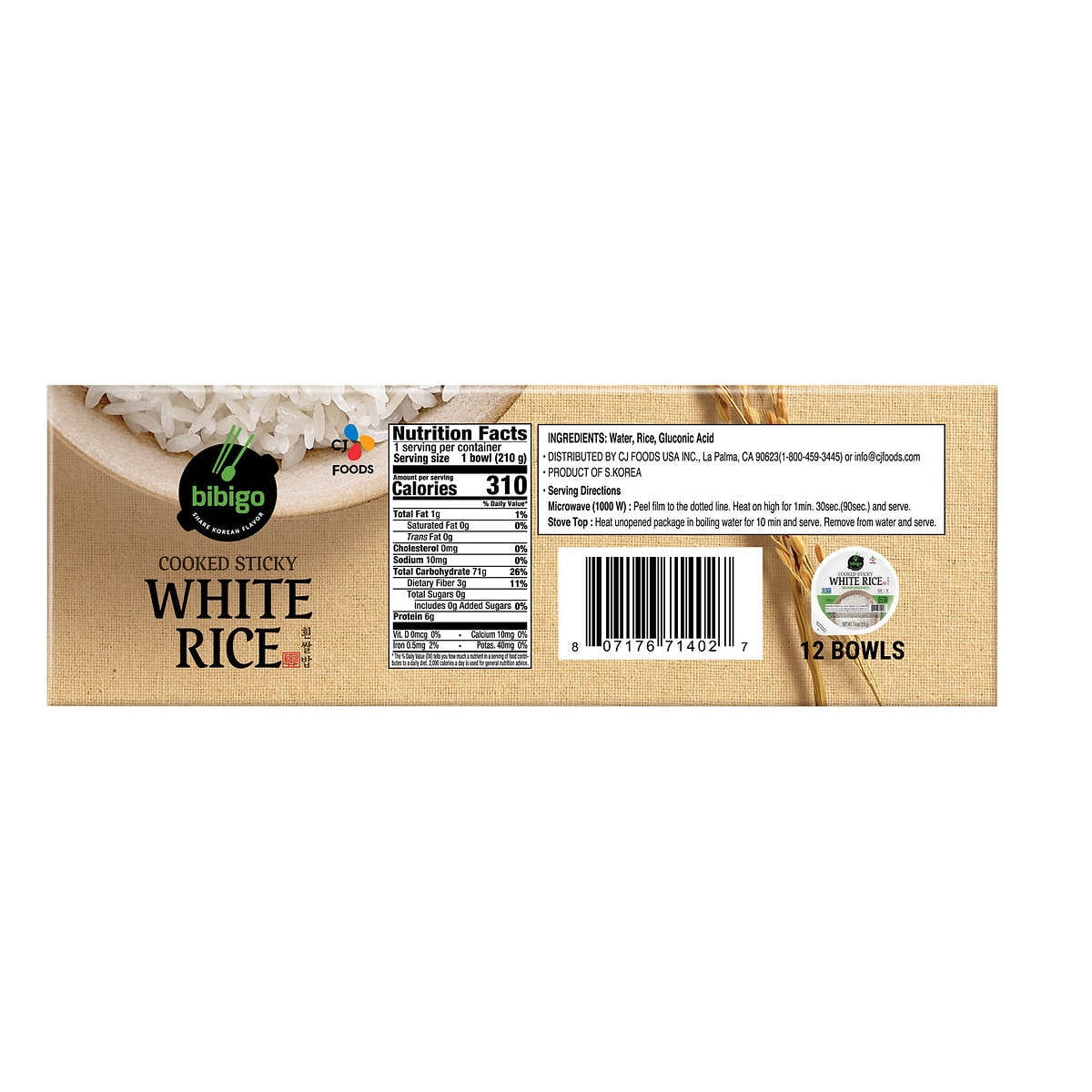 Bibigo Cooked Sticky White Rice Bowls 7.4 Ounce (12 Count)