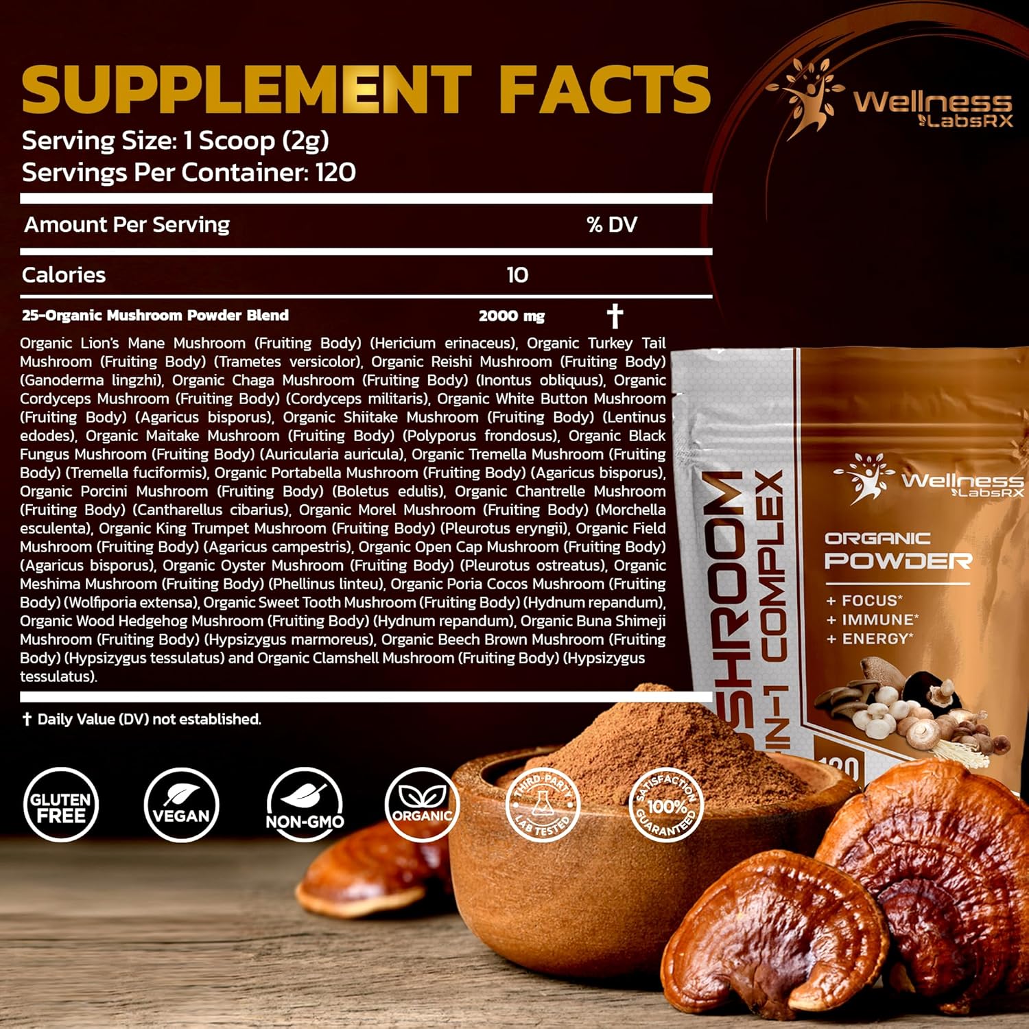 Mushroom Powder, 25 in 1 Mushrooms Lions Mane Powder Organic - 2500mg - Mushroom Supplement, 25 Superfood Mushrooms, Chaga, Shiitake Mushrooms, Cordyceps, Reishi - Lion's Mane Mushroom - 120 Servings