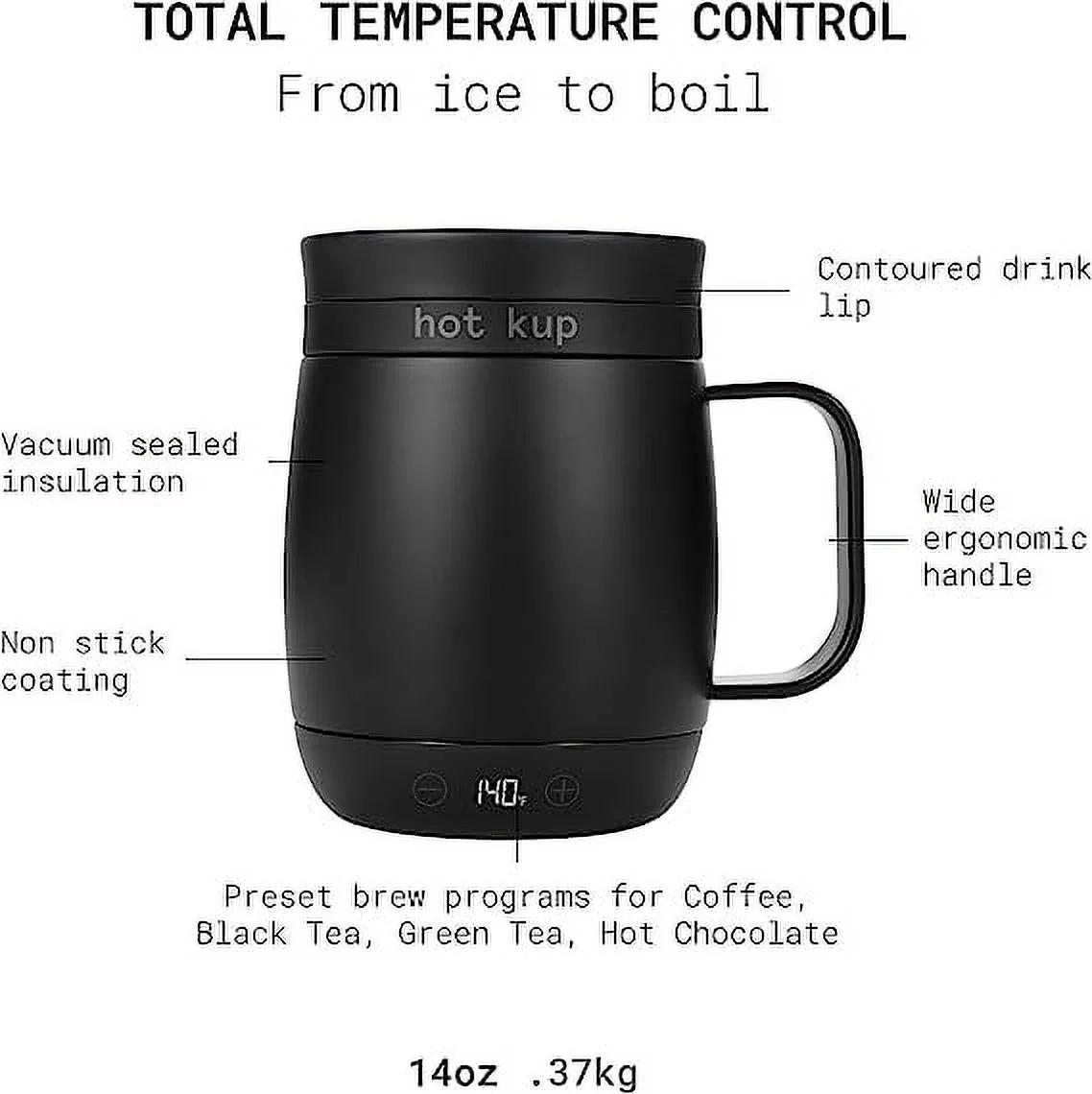 Hot Kup Single Serve Mug - From Ice to Boil and Temperature Controlled Mug in Black with AC Base