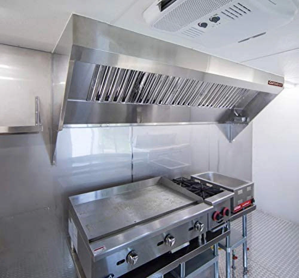 CAPTIVE-AIRE Food Truck Low Profile Exhaust Hood System Includes a stainless steel exhaust hood, an exhaust fan, an adjustable duct section, and installation hardware (4' Long Hood & Fan)