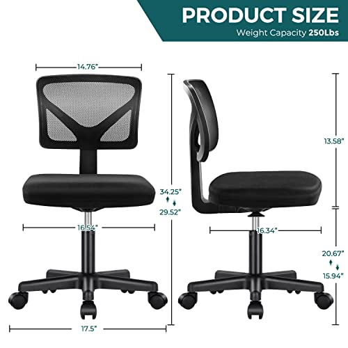 DUMOS Armless Desk Chairs with Wheels, Ergonomic Adjustable Home Office Swivel Rolling Task Chair No Arms, Comfy Mesh Mid Back Computer Work Vanity Desk Seat for Small Spaces, Black