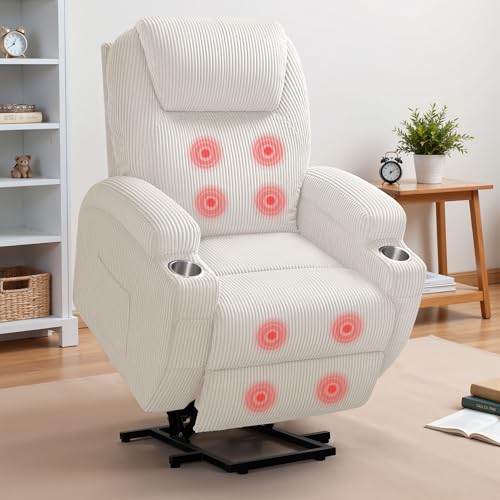 Flamaker Power Lift Recliner Chair PU Leather with Massage for Elderly Ergonomic Lounge Chair Classic Single Sofa with 2 Cup Holders Side Pockets Home Theater Seat (Leather, Light Black)