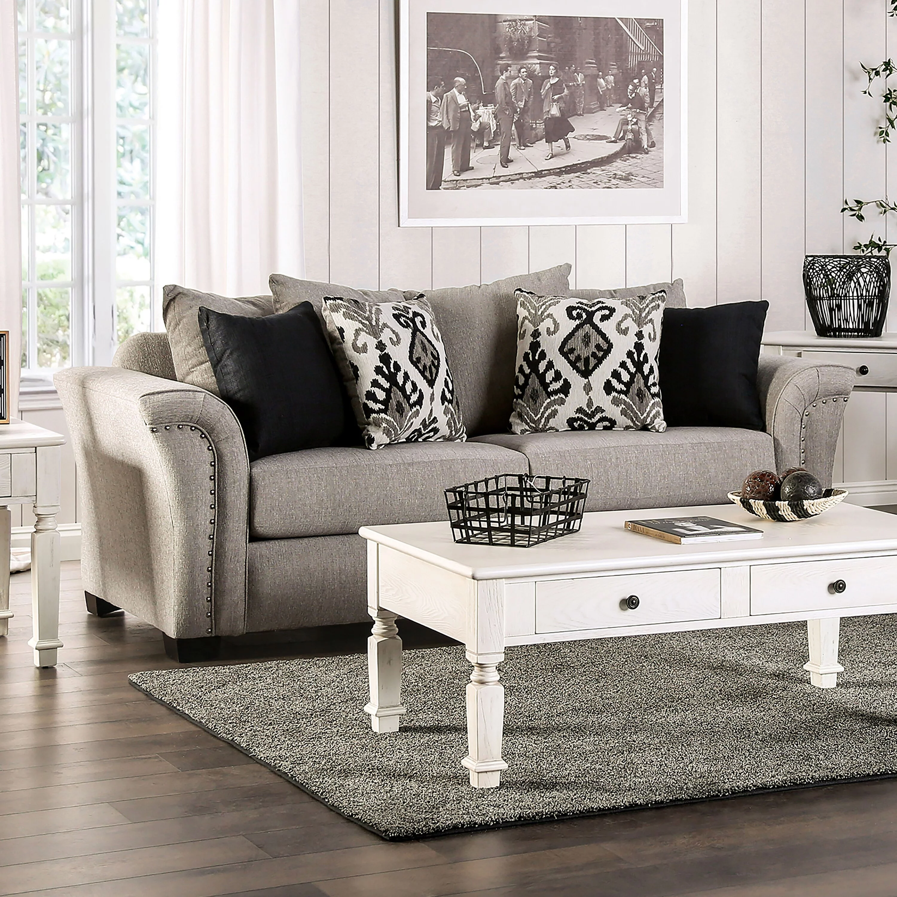 Furniture of America Deltin Transitional Light Taupe Fabric Upholstered Flared Arms Sofa by