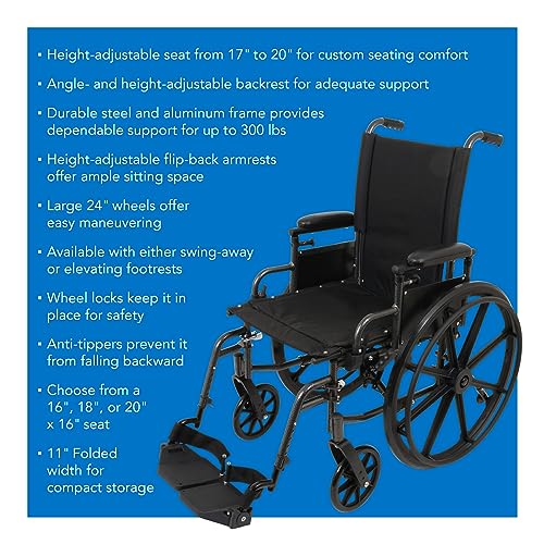 ProBasics Ultra Lightweight Wheelchair for Adults - Height Adjustable Seat - Flip Back Height Adjustable Desk Arms - Elevating Leg Rest, 20