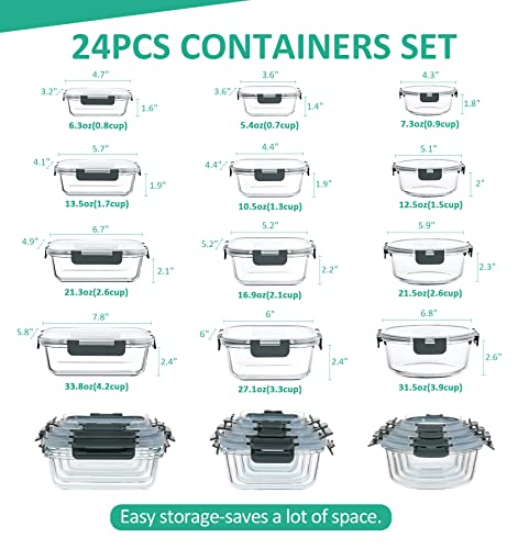 KOMUEE 24 Pieces Glass Food Storage Containers Set,Glass Meal Prep Containers-Stackable Airtight Glass Storage Containers with lids,Freezer to Oven Safe,Gray