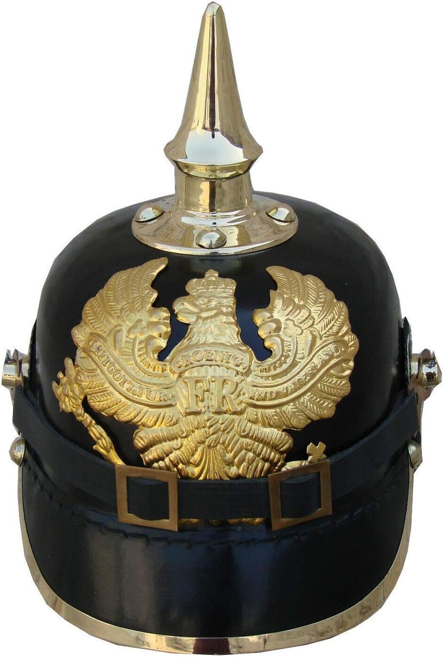 German Pickelhaube Helmet | Leather Pickelhaube Imperial Prussian Helmet | Brass Military Officer Spiked Men’s Costume | WWI & WWII Helmets Replica LARP Re-Enactment Party Cosplay Cos