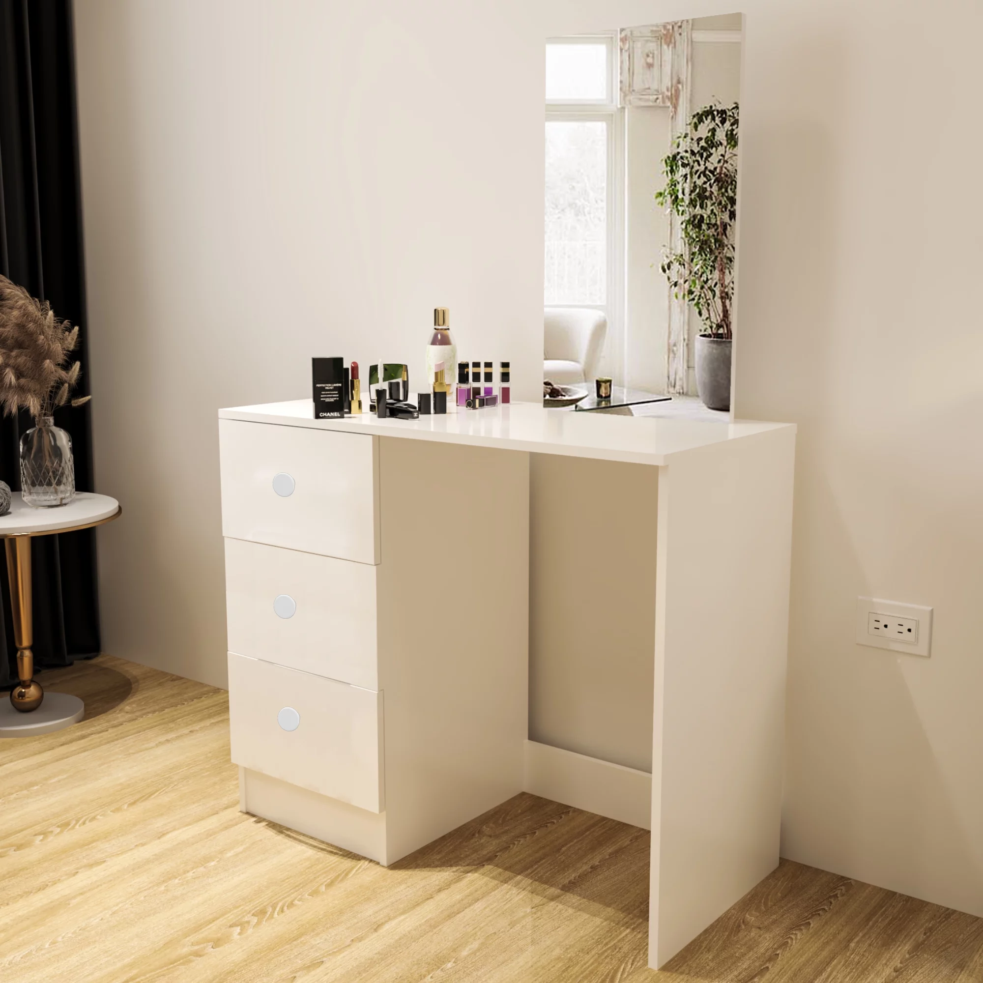 Ember Interiors Ava Modern Vanity Table with Mirror, 3 Drawers, White Painted, for Bedroom