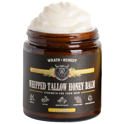Wrath & Remedy Handmade Whipped Organic Beef Tallow for Skin - 4 OZ (Unscented) — Grass Fed Beef Tallow Moisturizer and Honey Balm for Silky, Sensitive-Skin, Eczema, Rosacea - Free of Harsh Chemicals