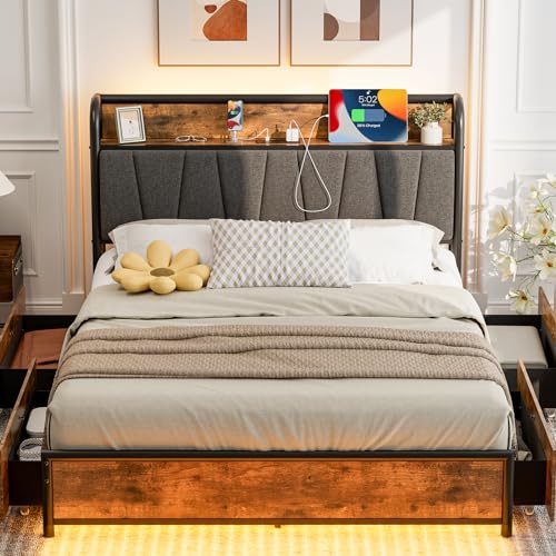 Queen Size Bed Frame with Headboard and Storage 4 Drawers Platform Bed Frame with Storage Chargin Station LED Light Bed Frame