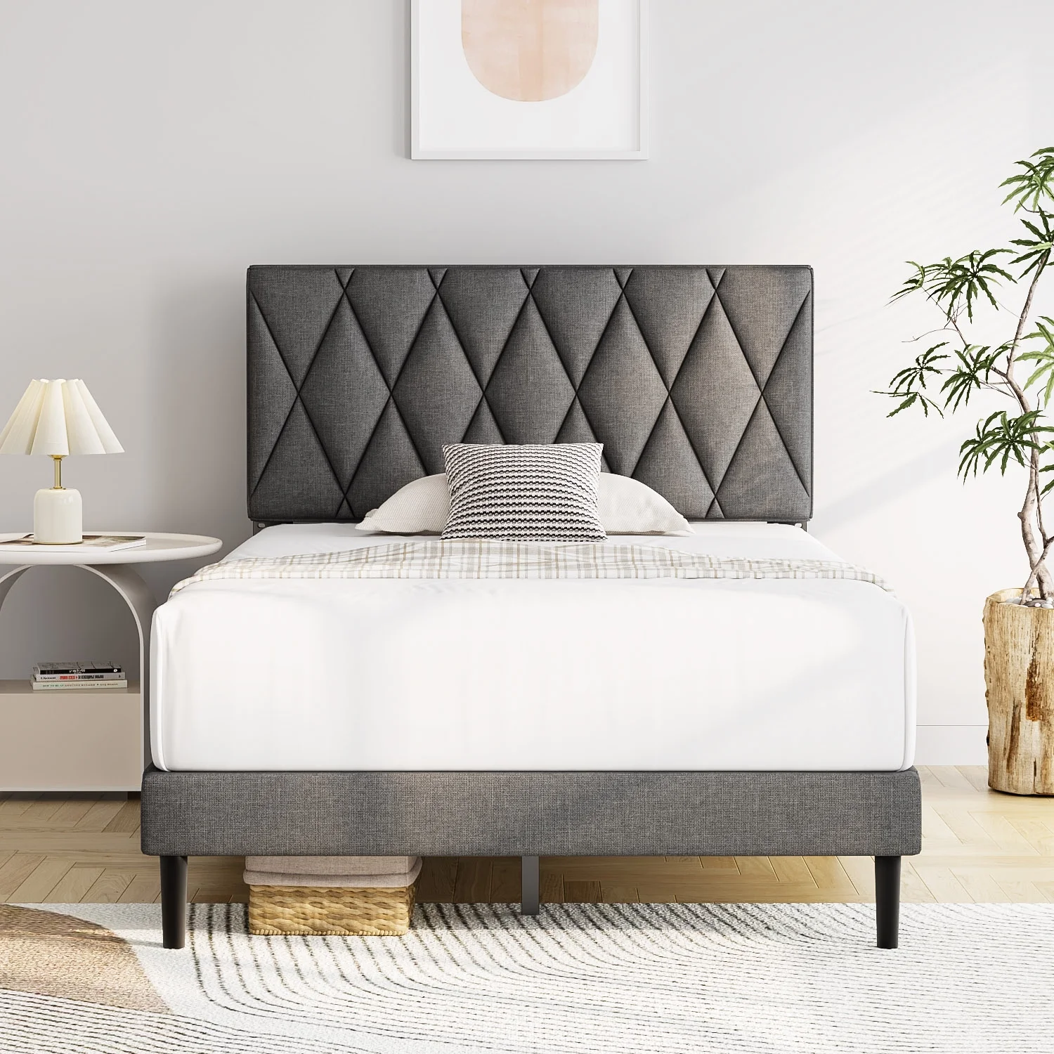 HAIIDE Twin Bed Frame with Headboard, Upholstered Platform Bed with Wood Slat Support, Dark Grey