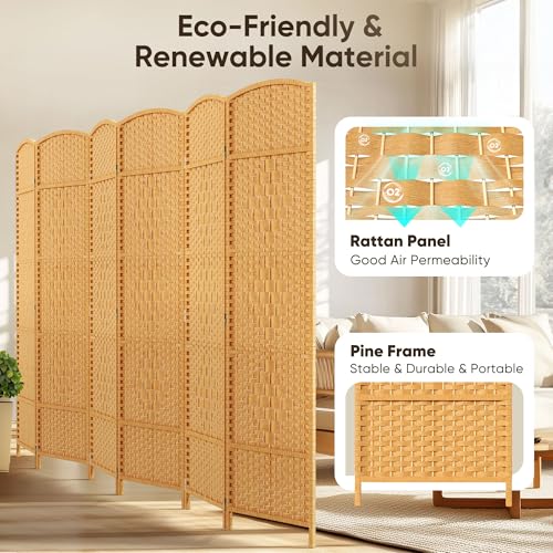 JOSTYLE Folding Privacy Room Divider, 4 Panel Screen Divider 6 ft. Tall Freestanding Extra Wide Rattan Room Partition Wall Separation Dividers, Grey