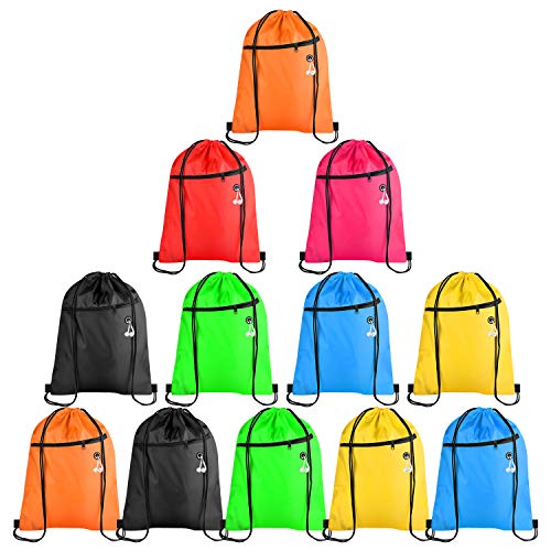 KUUQA 12Pcs Drawstring Backpack Bags Bulk with Zipper Pocket and Headphone Hole（Black）